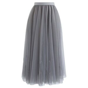 Chicwish Grey Tulle Maxi Skirt Faux Pearl Accents Ruffle Tiered Mesh Romantic
